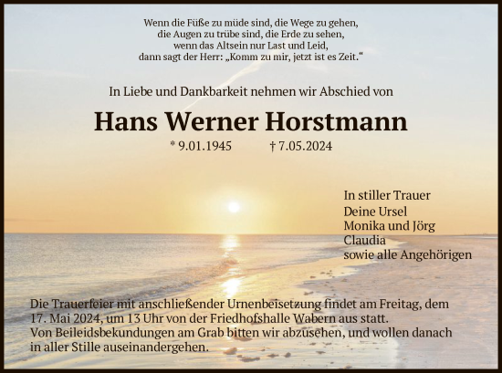 Traueranzeige von Hans Werner Horstmann von HNA