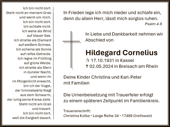 Traueranzeige von Hildegard Cornelius von HNA