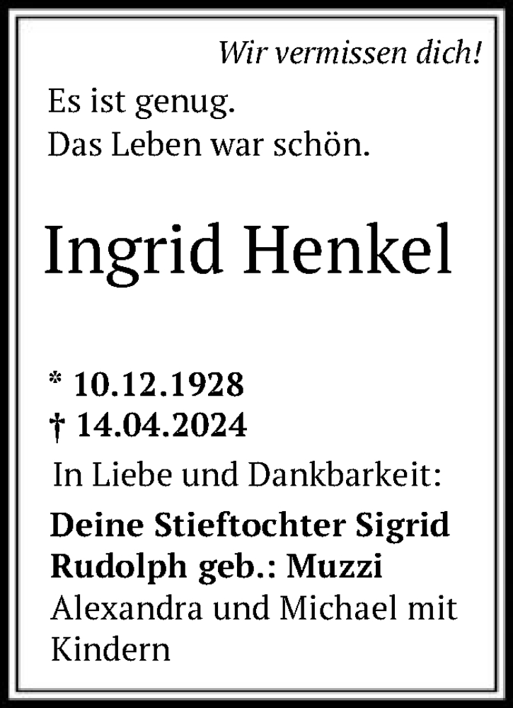 Traueranzeigen Von Ingrid Henkel Trauer HNA De