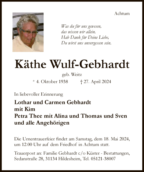 Traueranzeige von Käthe Wulf-Gebhardt von HNA