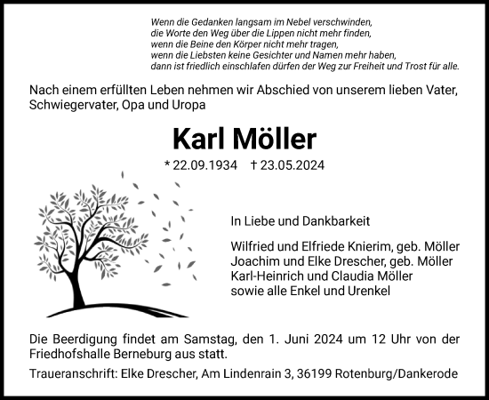 Traueranzeigen von Karl Möller Trauer HNA de