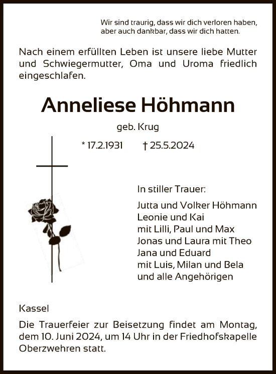 Traueranzeigen Von Anneliese H Hmann Trauer Hna De