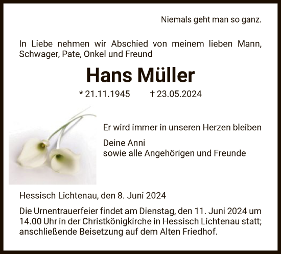 Traueranzeigen Von Hans M Ller Trauer Hna De