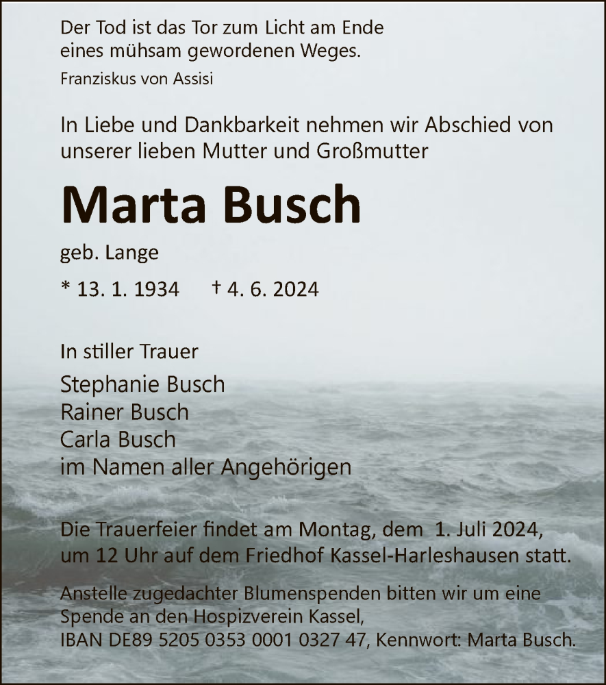 Traueranzeigen Von Marta Busch Trauer Hna De