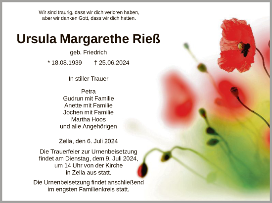 Traueranzeigen Von Ursula Margarethe Rie Trauer Hna De