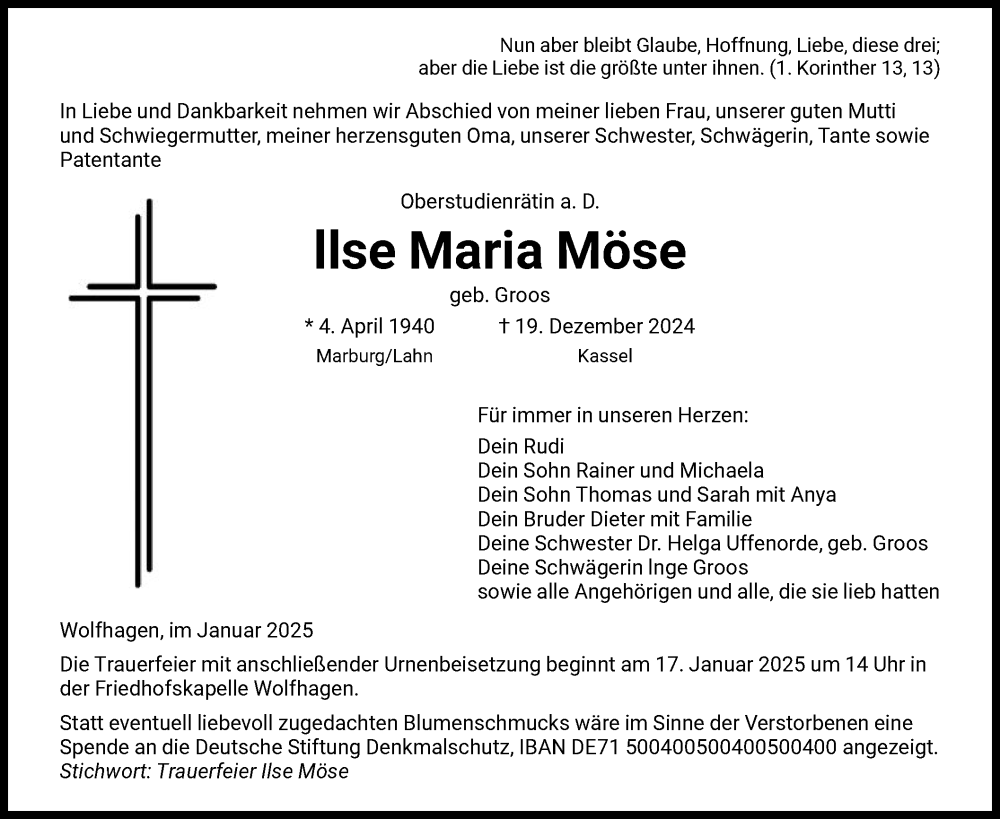 Traueranzeigen von Ilse Möse Trauer HNA de