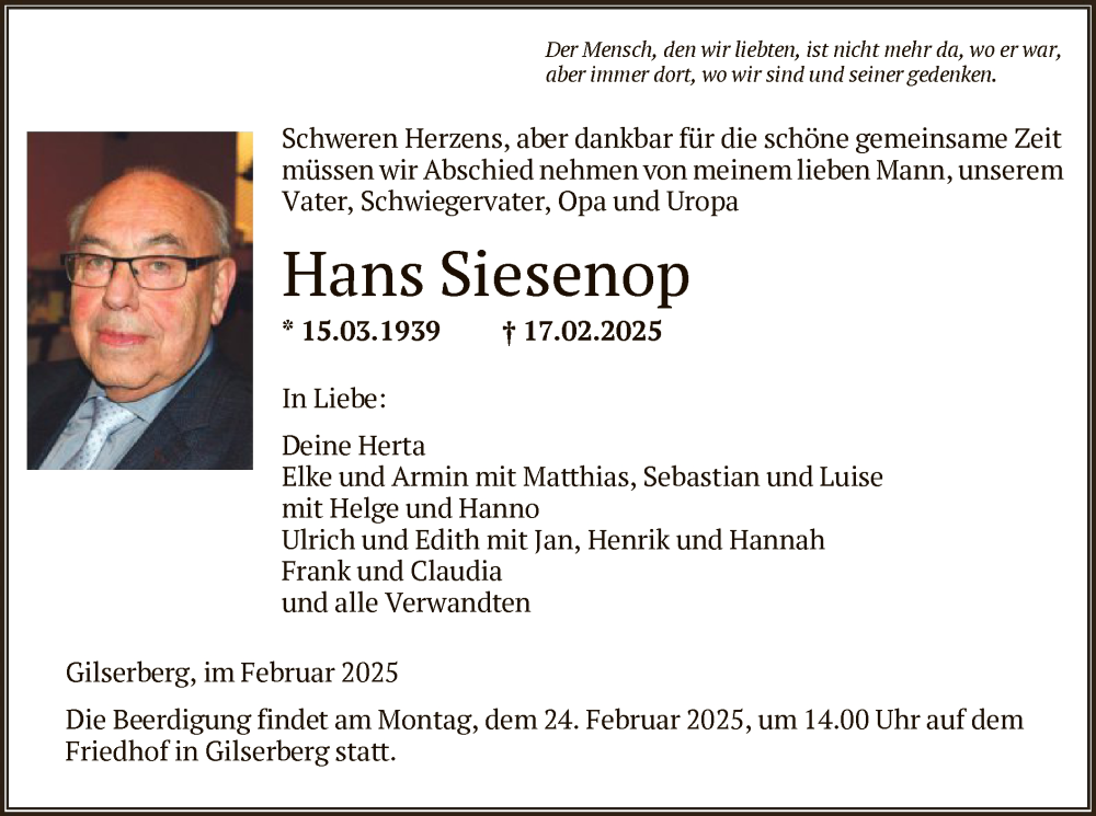 Traueranzeigen Von Hans Siesenop Trauer Hna De