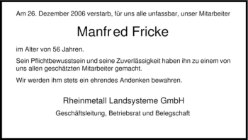 Traueranzeige von Manfred Fricke von HNA