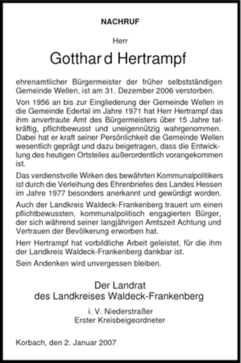 Traueranzeige von Gotthard Hertrampf von HNA