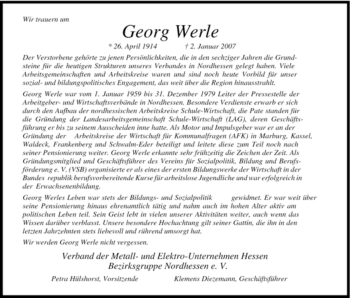 Traueranzeige von Georg Werle von HNA