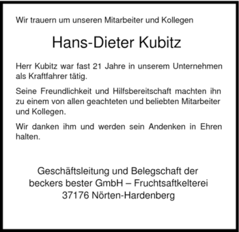 Traueranzeige von Hans-Dieter Kubitz von HNA