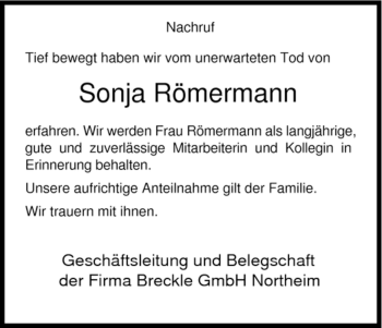Traueranzeige von Sonja Roemermann von HNA