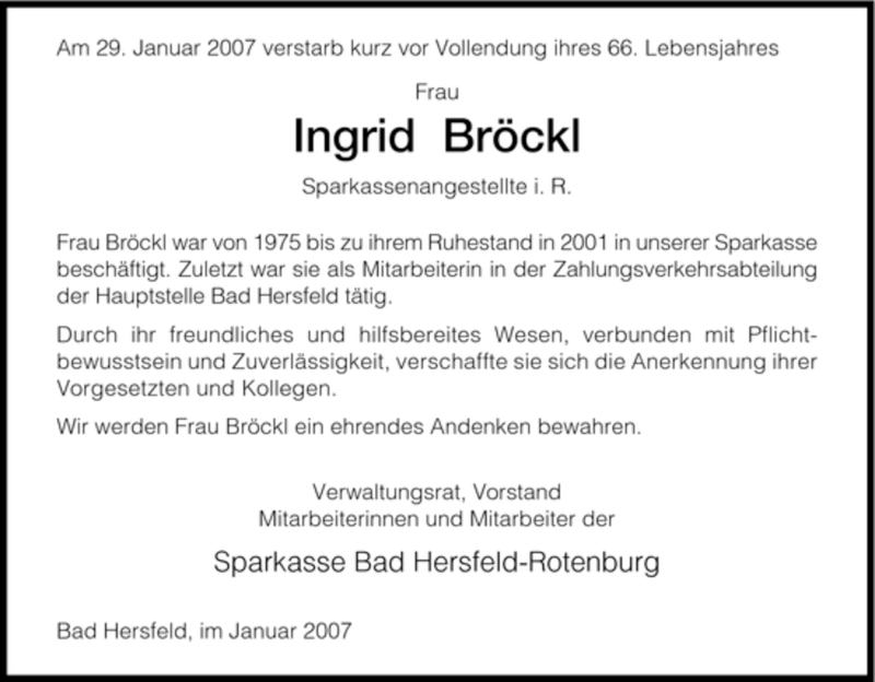  Traueranzeige für Ingrid Broeckel vom 31.01.2007 aus HNA