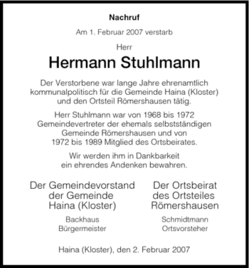 Traueranzeige von Hermann Stuhlmann von HNA
