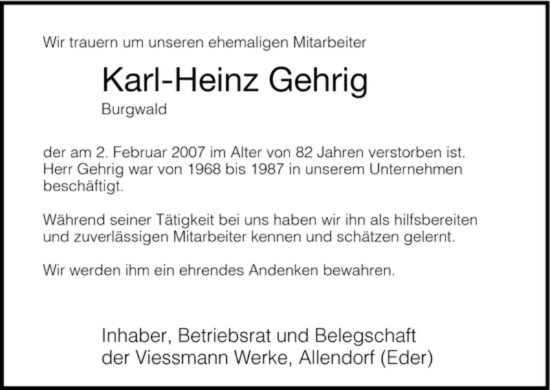  Traueranzeige für Karl Heinz vom 07.02.2007 aus HNA