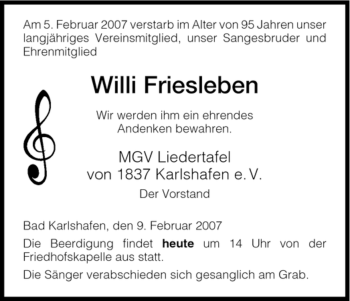 Traueranzeige von Willi Friesleben von HNA