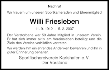 Traueranzeige von Willi Friesleben von HNA