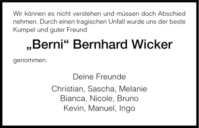  Traueranzeige für Bernhard Wicker vom 10.02.2007 aus HNA