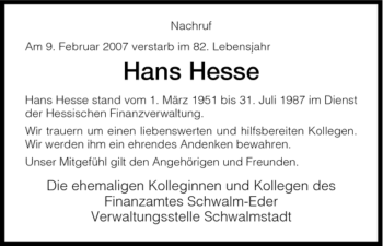 Traueranzeige von Hans Hesse von HNA