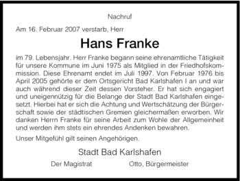Traueranzeige von Hans Franke von HNA