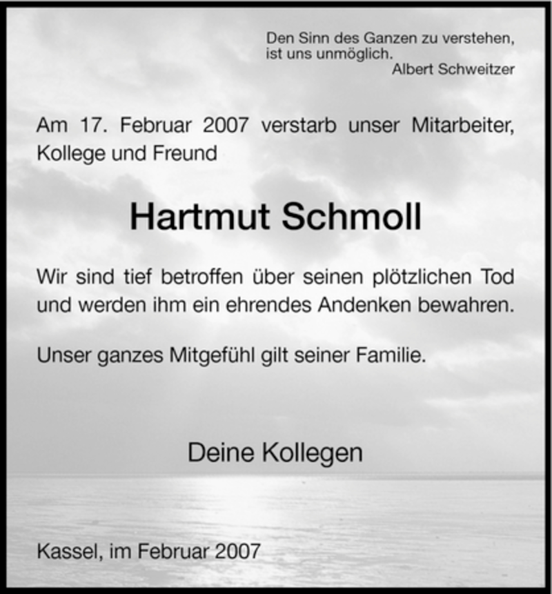  Traueranzeige für Hartmut Schmoll vom 22.02.2007 aus HNA
