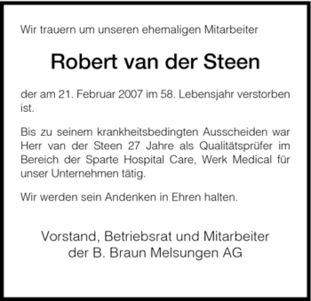 Traueranzeige von Robert van der Steen von HNA