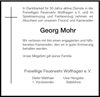 Traueranzeige von Georg Mohr von HNA
