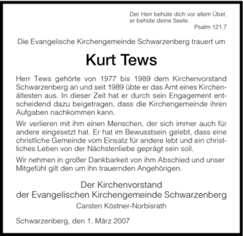 Traueranzeige von Kurt Tews von HNA