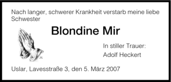 Traueranzeige von Blondine Mir von HNA