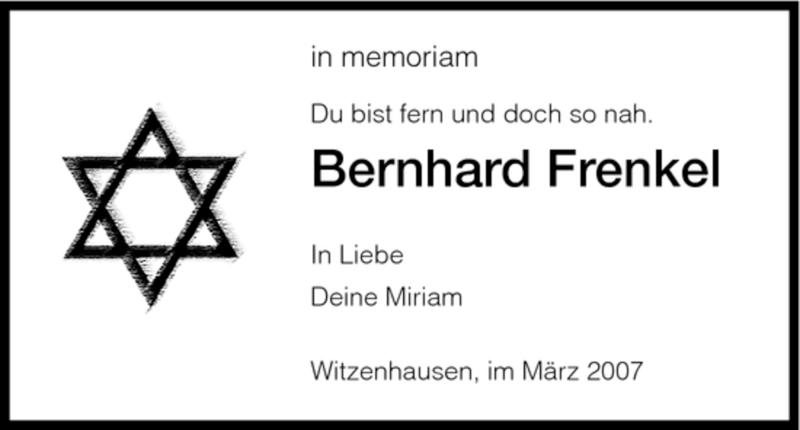  Traueranzeige für Bernhard Frenkel vom 03.03.2007 aus HNA