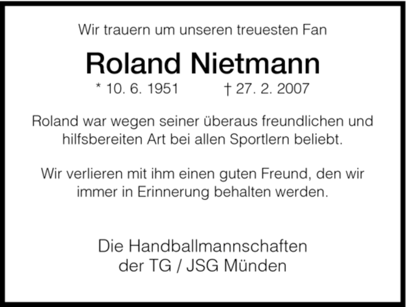  Traueranzeige für Roland Nietmann vom 03.03.2007 aus HNA
