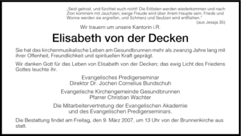 Traueranzeige von Elisabeth von der Decken von HNA