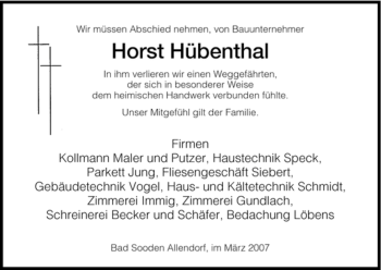 Traueranzeige von Horst Hübenthal von HNA