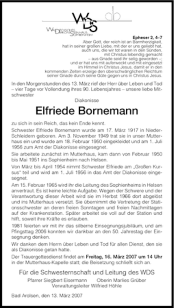  Traueranzeige für Elfriede Bornemann vom 14.03.2007 aus HNA