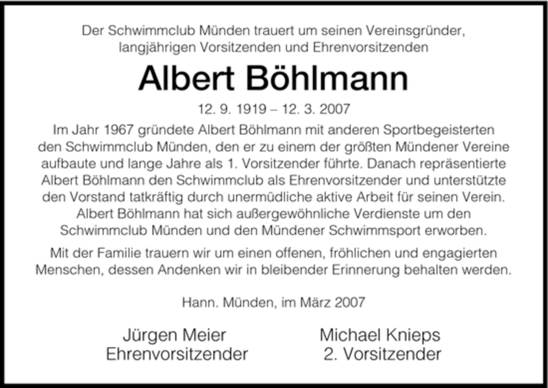 Traueranzeige für Albert Böhlmann vom 15.03.2007 aus HNA