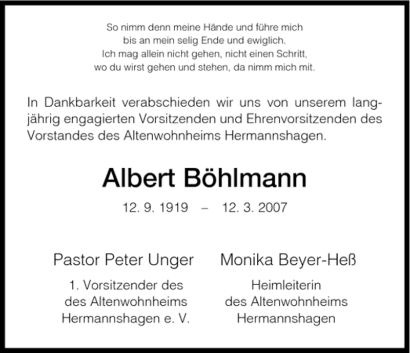  Traueranzeige für Albert Böhlmann vom 17.03.2007 aus HNA