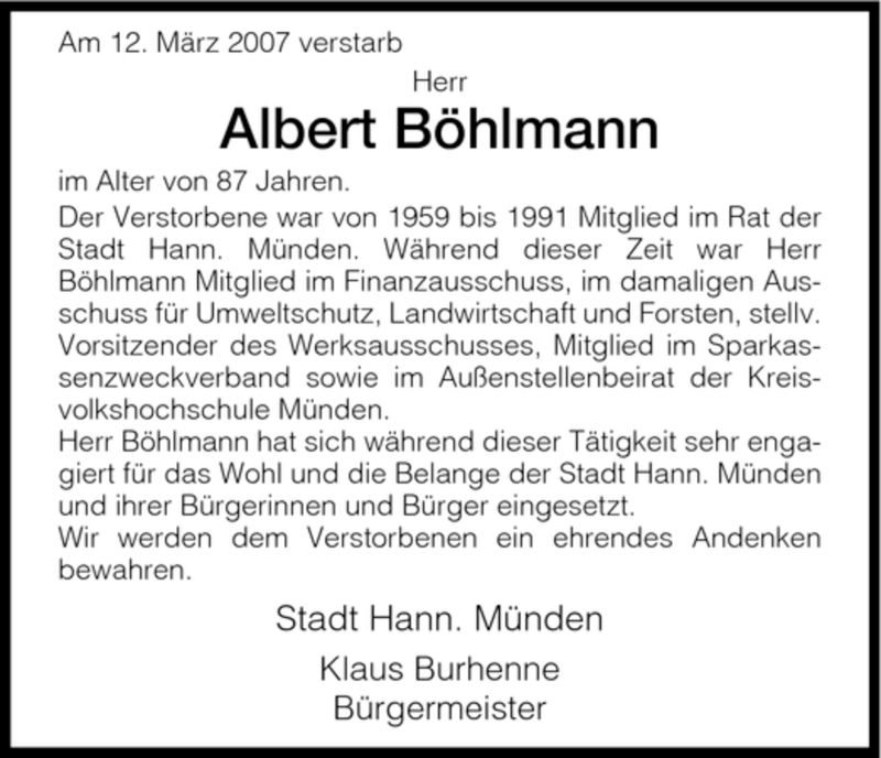  Traueranzeige für Albert Böhlmann vom 17.03.2007 aus HNA