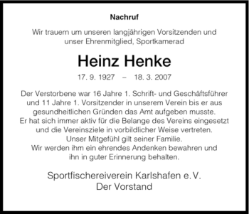 Traueranzeige von Heinz Henke von HNA
