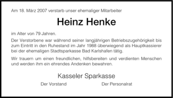 Traueranzeige von Heinz Henke von HNA