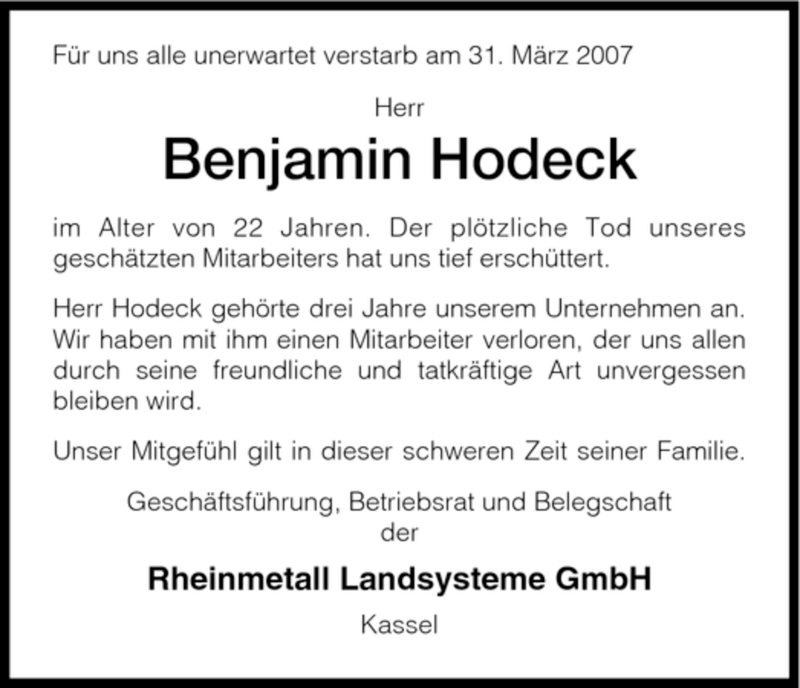  Traueranzeige für Benjamin Hodeck vom 10.04.2007 aus HNA
