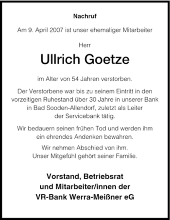 Traueranzeige von Ullrich Goetze von HNA