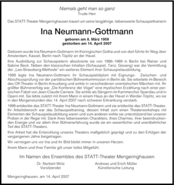 Traueranzeige von Ina Neumann-Gottmann von HNA