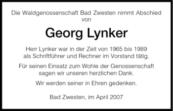 Traueranzeige von Georg Lynker von HNA