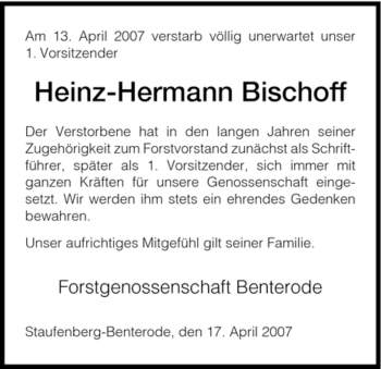 Traueranzeige von Heinz-Hermann Bischoff von HNA