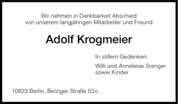 Traueranzeige von Adolf Krogmeier von HNA