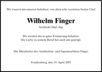 Traueranzeige von Wilhelm Finger von HNA