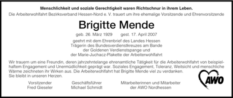  Traueranzeige für Brigitte Mende vom 20.04.2007 aus HNA