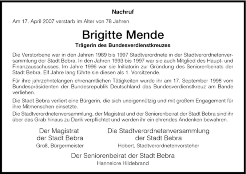  Traueranzeige für Brigitte Mende vom 20.04.2007 aus HNA