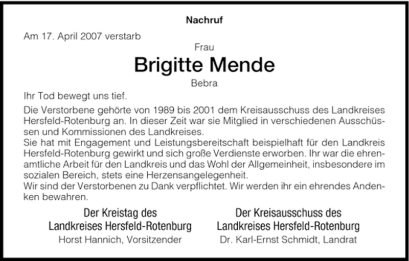  Traueranzeige für Brigitte Mende vom 21.04.2007 aus HNA