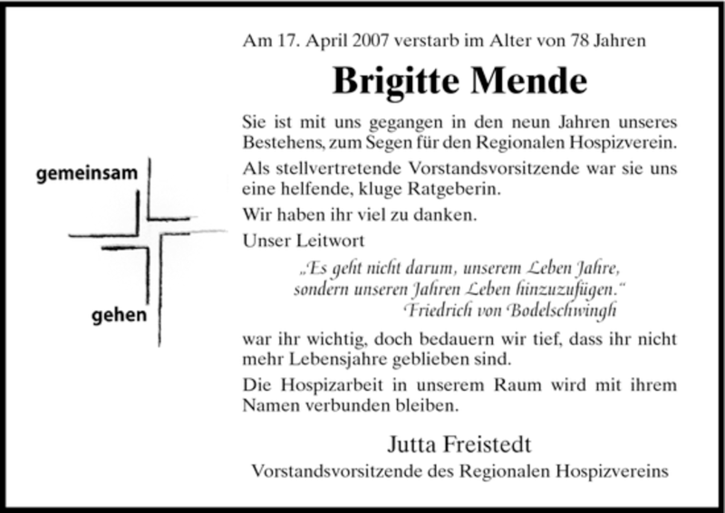 Traueranzeige für Brigitte Mende vom 21.04.2007 aus HNA